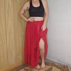 Vintage Western Coastal Yallternative Tomato Girl Boho Red Cotton Maxi Skirt